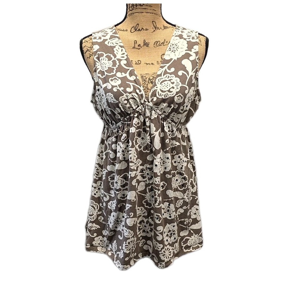 Y2K Sonoma Floral Babydoll Tank Tan Ivory Boho Cottagecore Sleeveless sz L